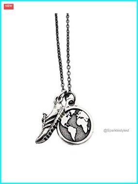 Pewter Running Shoe & Earth Pendant Necklace on 18 inch Gunmetal Chain